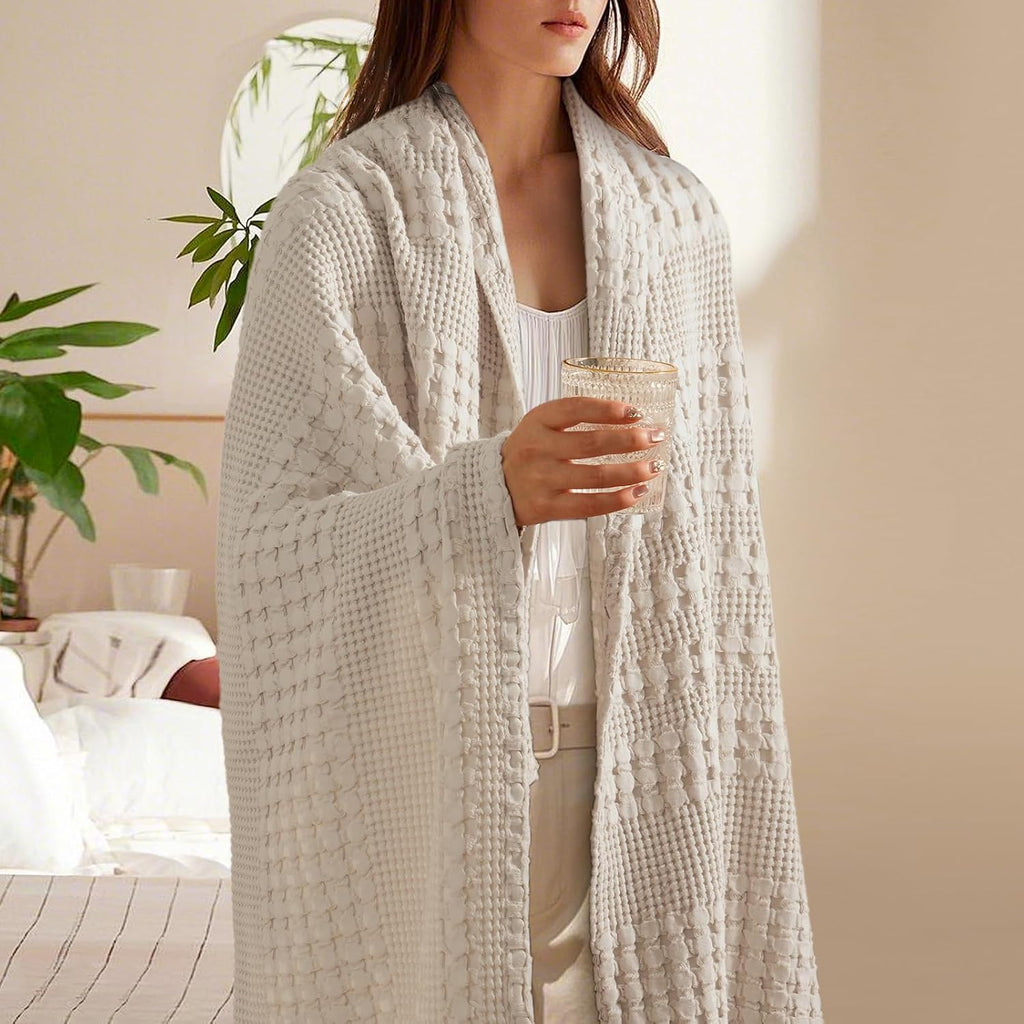100% Cotton Waffle Throw Blanket, Lightweight Breathable and Soft for Summer, Luxury Aesthetic Waffle Weave Blanket
