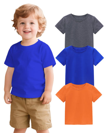 3 Pack Toddler Boys Shirts Soft Cotton Crewneck Short Sleeve Shirt Basic Tee Tops Dark Grey+Dark Blue+Orange