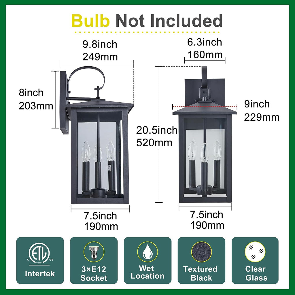 20.5 Inch Outdoor Wall Lantern, 3-Light with Clear Glass - Textured Black