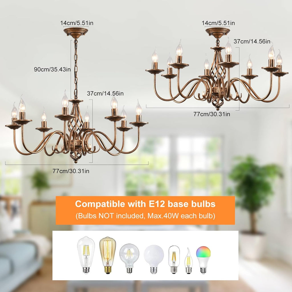 Rustic 8-Light Chandeliers, Antique Bronze Candle French Country Chandelier, Vintage Iron Pendant Hanging Ceiling Light Fixture for Farmhouse Living Room Kitchen Dining Room Foyer