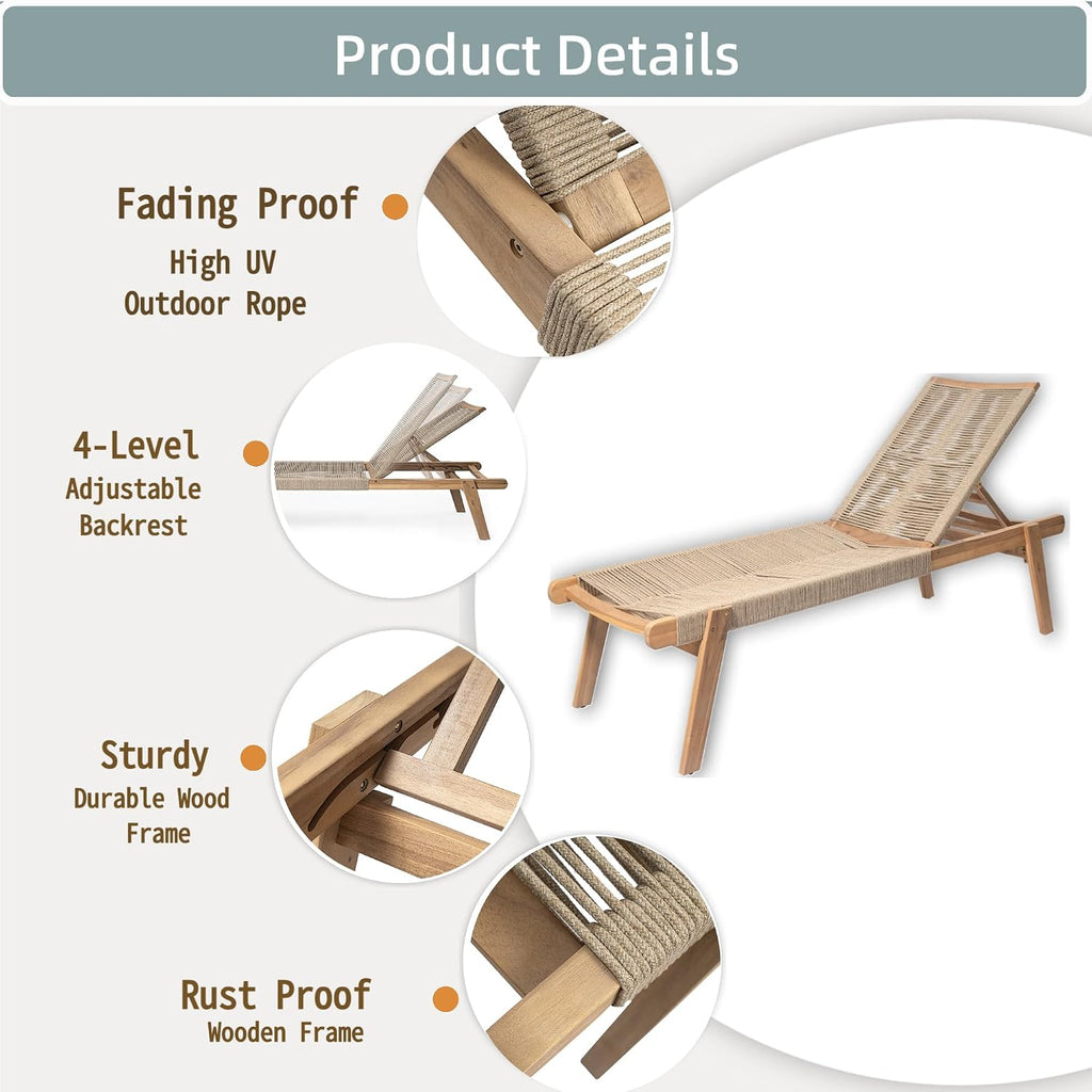 Set of 2 Outdoor Patio Wood Adjustable Chaise Lounges with Rope Seating, Rope Chaise Lounge with Acacia Wood Frame