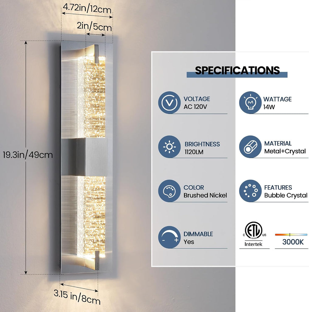 LED Wall Sconce Light: 19 Inch Nickel Modern Sconces Wall Lighting 3000K Dimmable Crystal Wall Lamps Indoor Bathroom