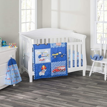 4 Piece Boys Crib Bedding Set - Little Rescuer - Includes Quilt, Fitted Sheet, Dust Ruffle and Diaper Stacker