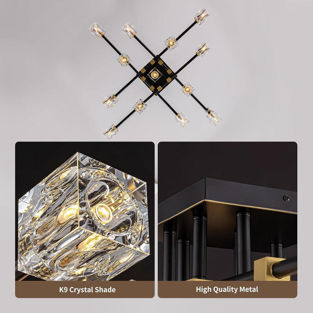 Crystal Ceiling Light Fixture with 13-Lights,Black and Gold Semi Flush Mount Ceiling Light,Modern Chandelier