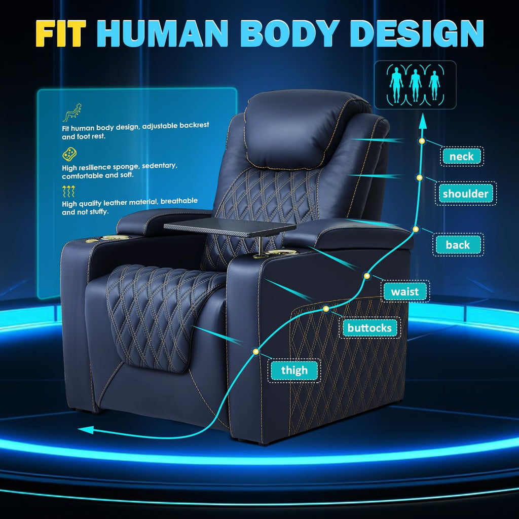 Chic Top Grain Leather Home Theater Seating Power Headrest Recling Movie Gaming Recliner Sofa with 7 Colors Ambient