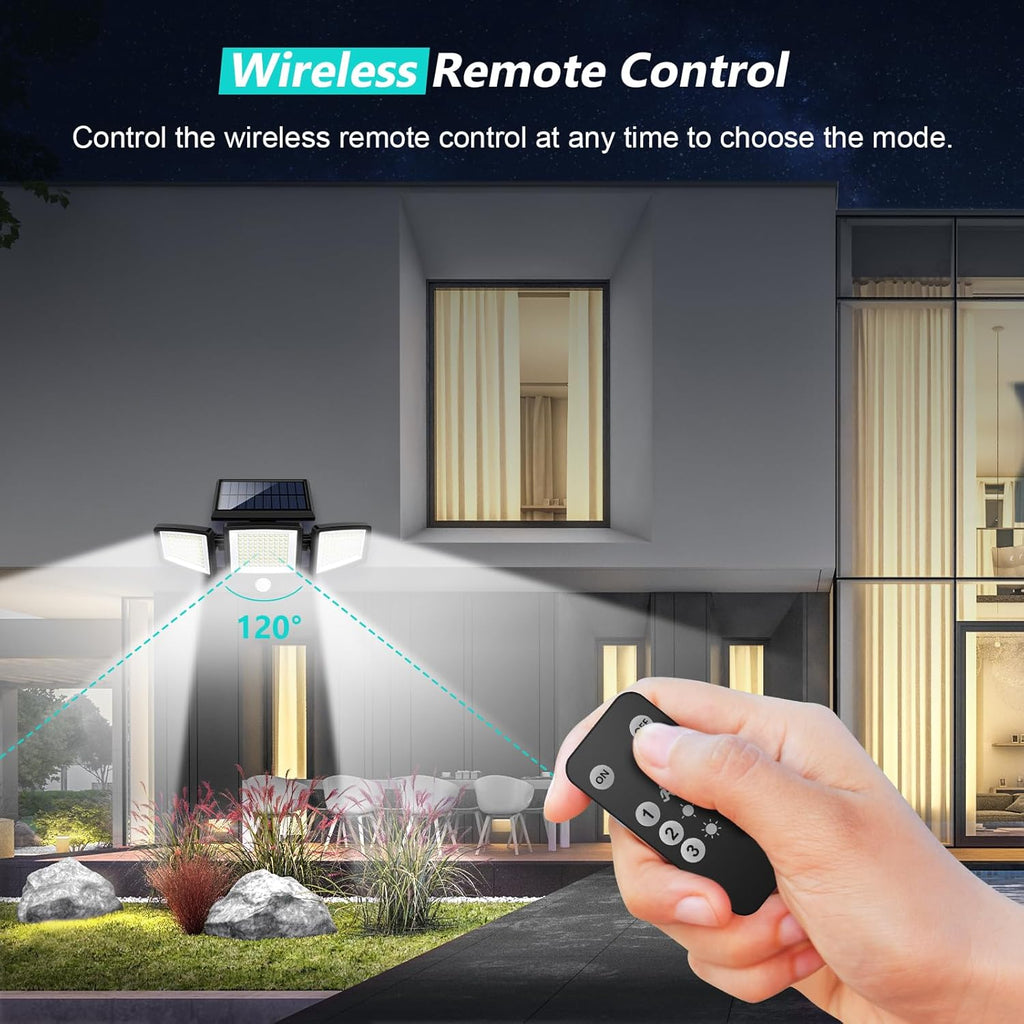 Solar Outdoor Lights 2500LM 210 LED Security Lights with Remote Control,3 Heads Motion Sensor Lights, IP65