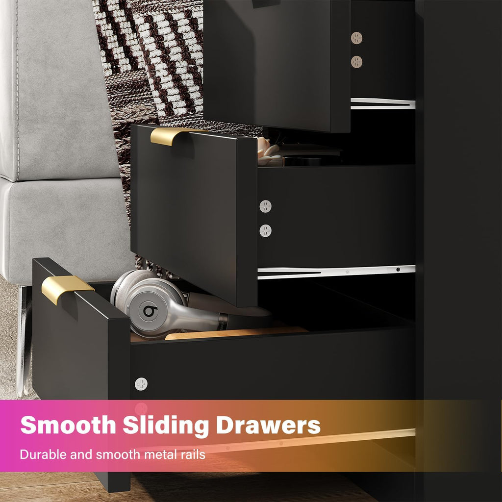 LED Nightstand with Charging Station & USB Ports, 3-Drawer Bedside Table with Adjustable RGB LED Lights, High-Gloss