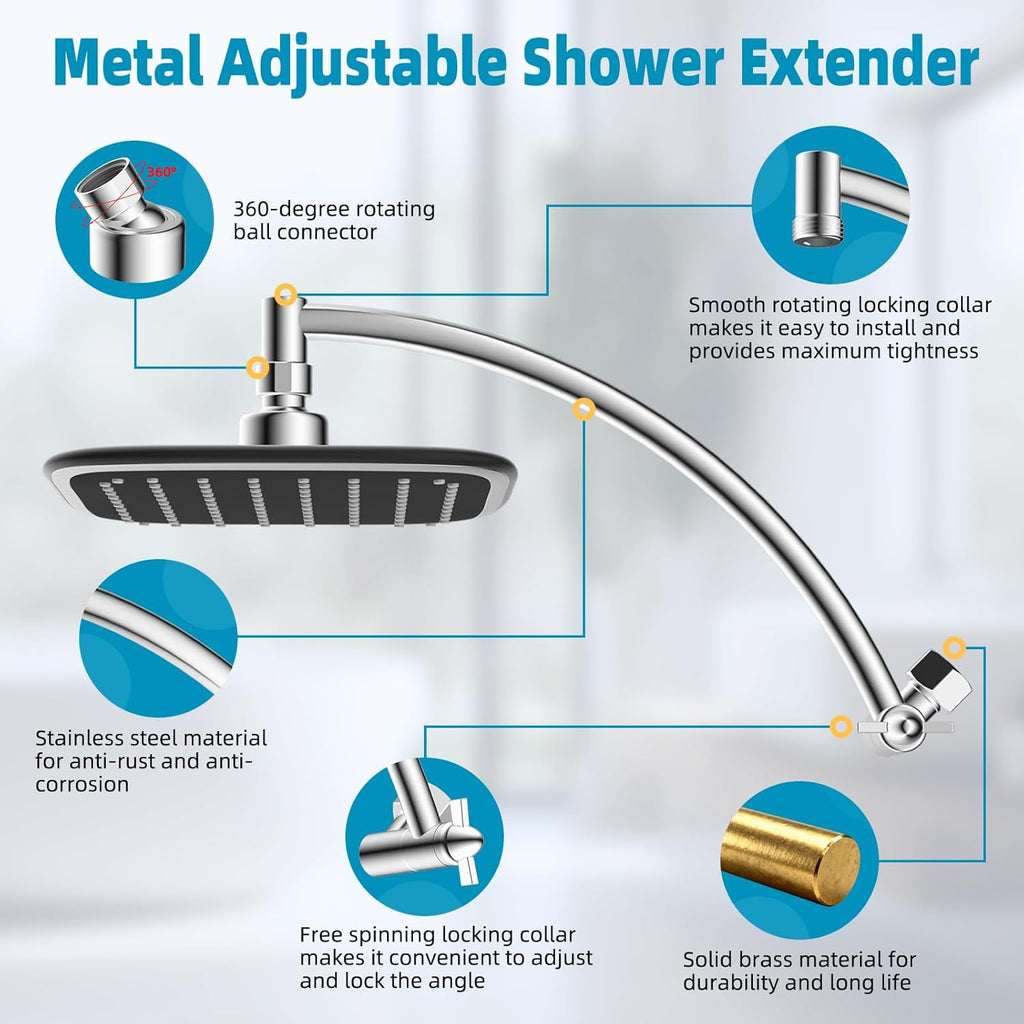 Rain Shower Head with 12" Shower Head Extension Arm, 10" High Pressure Boosting Rainfall/Fixed Showerhead