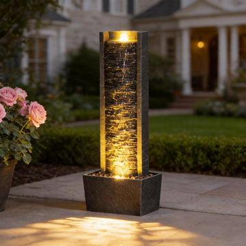Outdoor Floor Standing Water Fountain with LED Lights, 36-Inch Modern Rectangular Cascading Waterfall Feature
