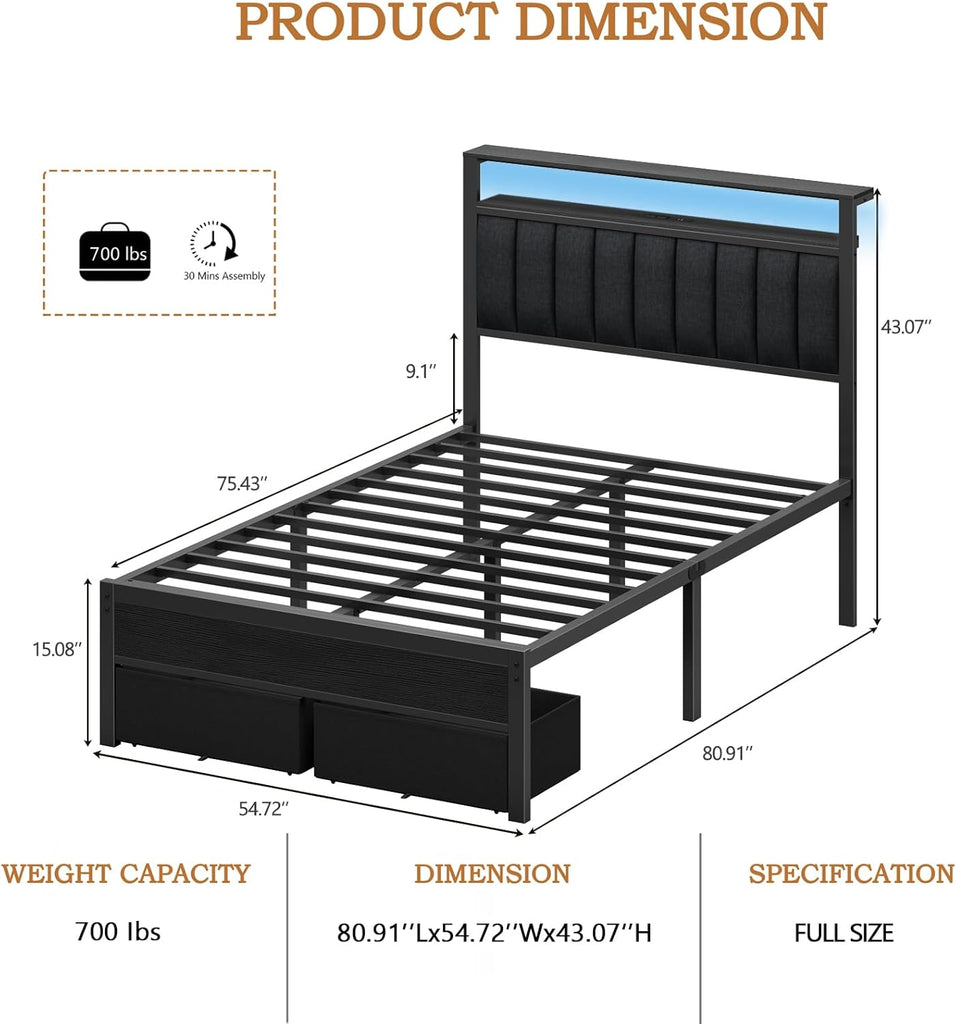 Full Bed Frame with Charging Station and LED Lights, Grey Upholstered Headboard with Shelves