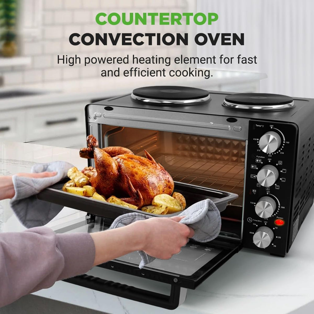 2-in-1 Convection Oven & Cooker - 30 Quart, 1500W Multi-Function Kitchen Oven with Dual Hot Plates, 7 Cooking Modes