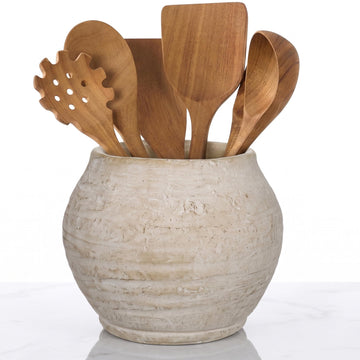 Utensil Holder Counter, 7.4" Rustic Ceramic Vase Crock Decor, Beige Crocks Pottery Jar, Distressed Antique Storage