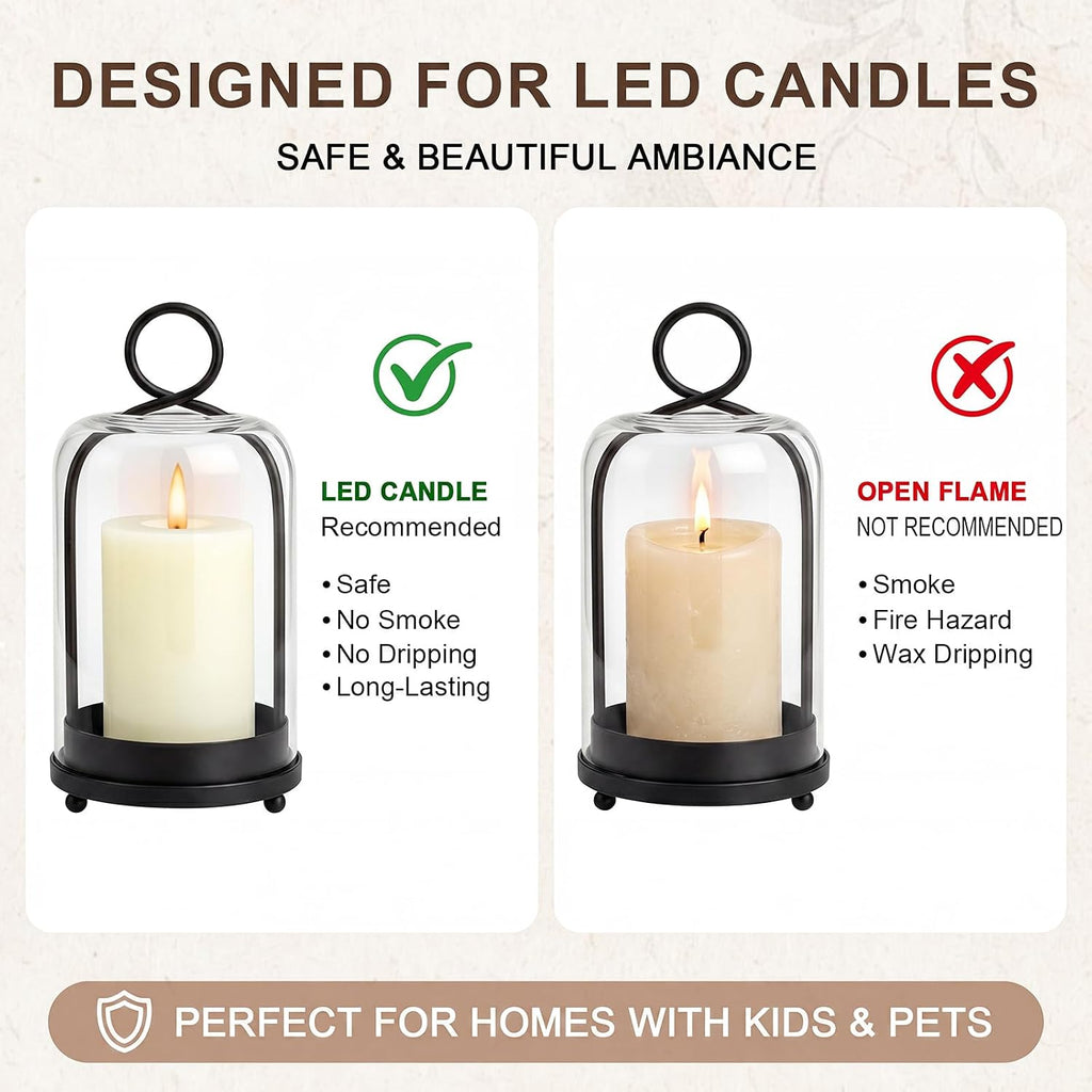 3 Set Hurricane Glass Candle Holder with Hanging Hook,Black