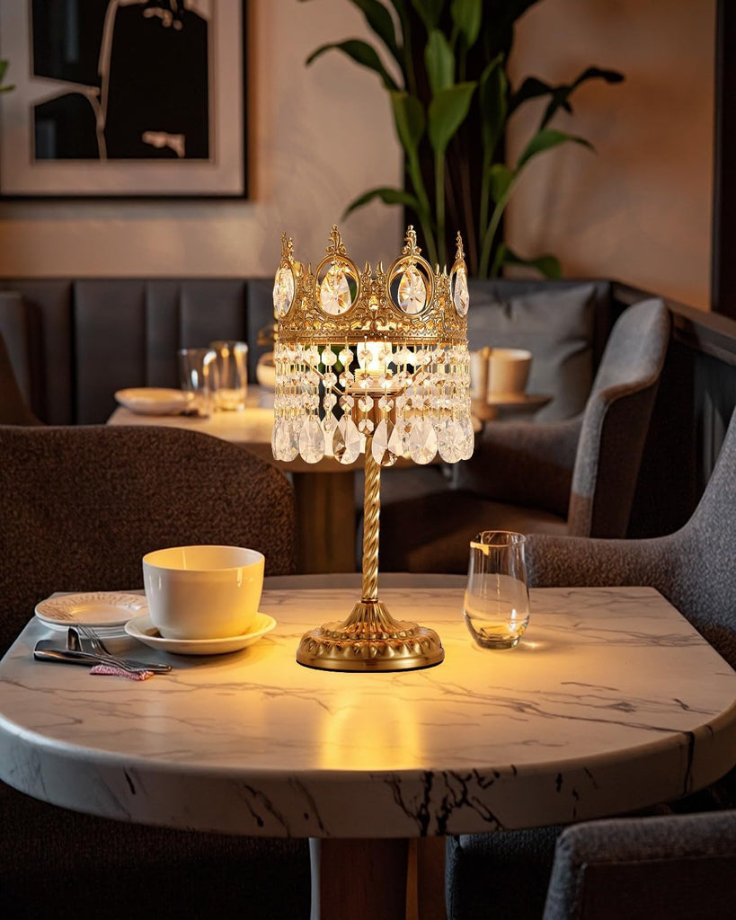 Vintage Gold Crown Shape Crystal Table Lamp, Small Bedside Nightstand Lamp