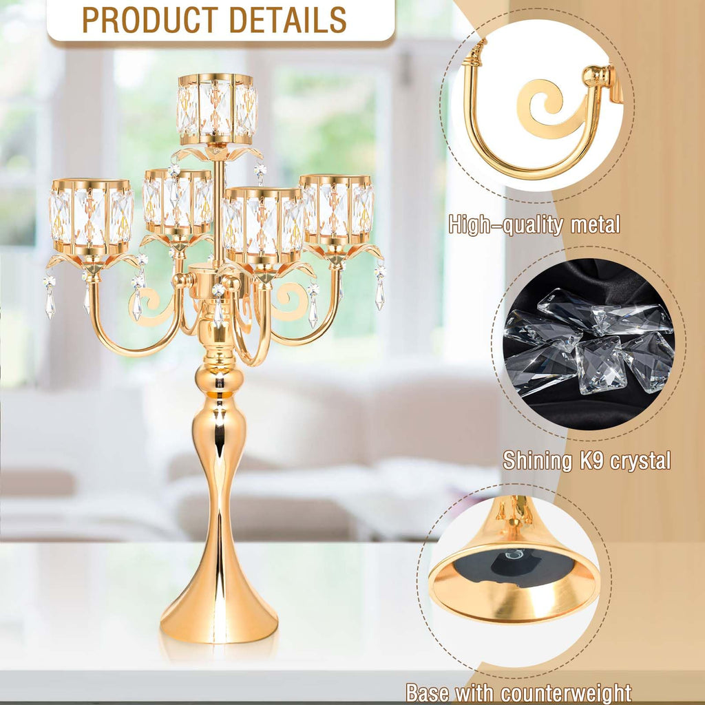 5 Arm Elegant Crystal Candle Holder, Candlestick for Wedding Table Centerpiece, 22 Inch Tall Candle Holder Table