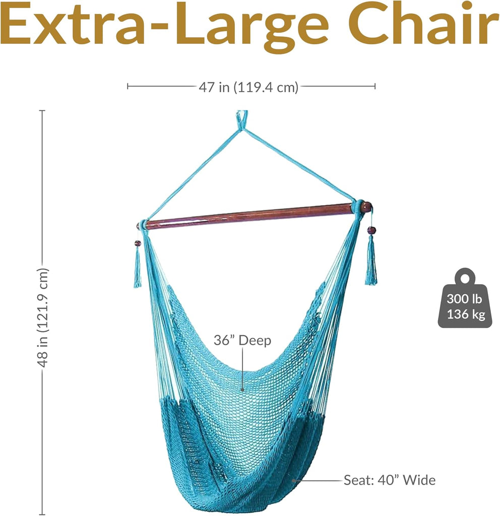 Hanging Hammock Chair Swing , Caribbean, Sky Blue | 300 lb Capacity, Wooden Spreader Bar, Woven Polyester, Hang From