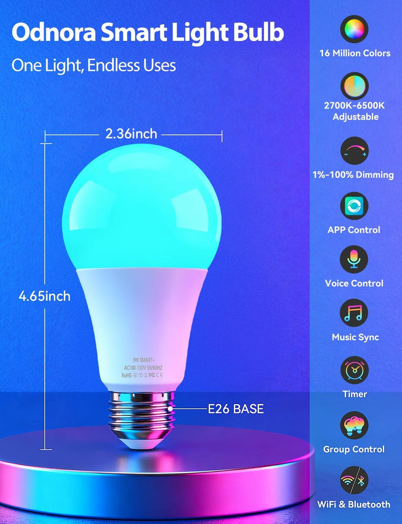 Smart Light Bulbs, Color Changing Light Bulb, Work with Alexa & Google Assistant, RGBWW A19 LED Light Bulbs Dimmable