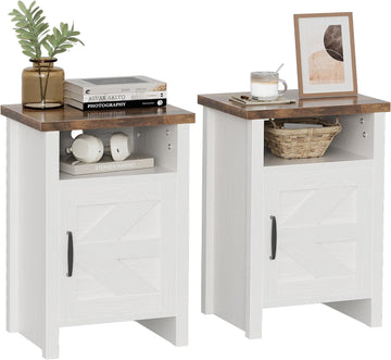 Farmhouse Modern Nightstand with Shelf and Barn Door, Set of 2 , White