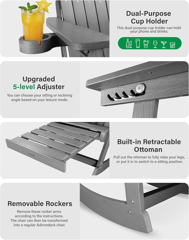 Adirondack Rocking Chairs, Adirondack Chair with Footrest, Grey | 5- Level Adjustable Backrest, Retractable Ottoman &