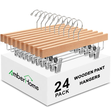 24 Pack Natural Wooden Pants Hangers with Adjustable Clips, 14"