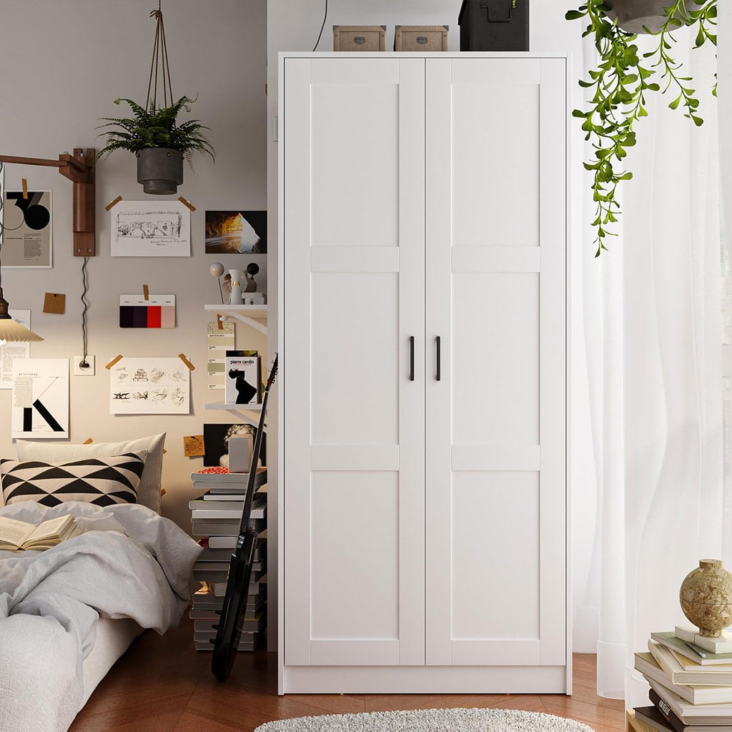 Fddevelop Wood White Wardrobe Closet with 2 Doors,Bedroom Freestanding Armoire Storage Cabinet with Shelves,Wooden