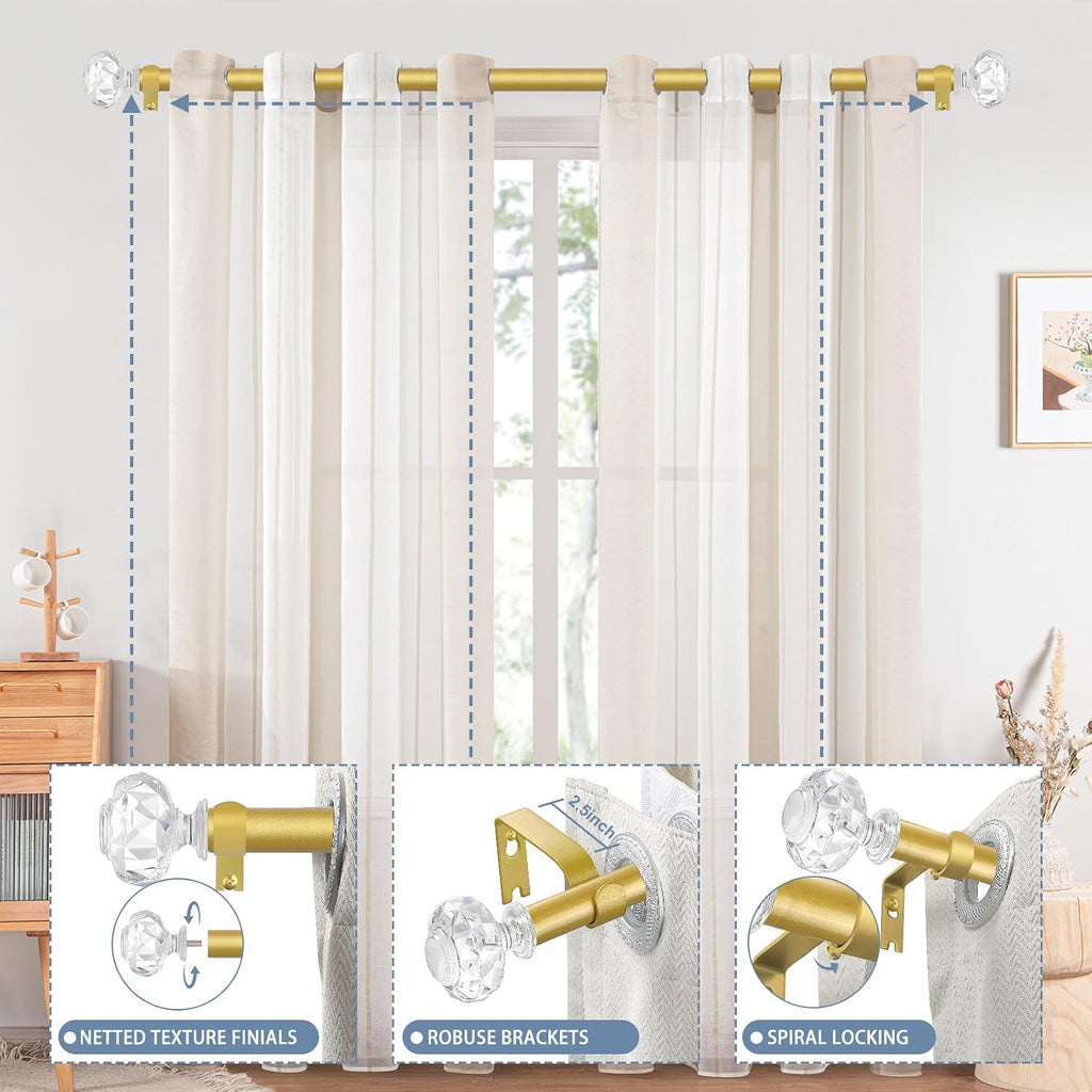 Gold Decorative Crystal Curtain Rods: Heavy Duty Adjustable Window Curtain Rods for Bedroom Living Room