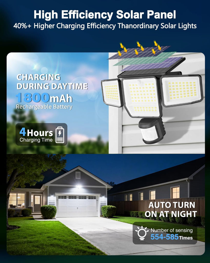 6000LM Solar Lights Outdoor, 4 Heads Motion Sensor Outdoor Lights, Solar Flood Lights for Yard House Outside Garage