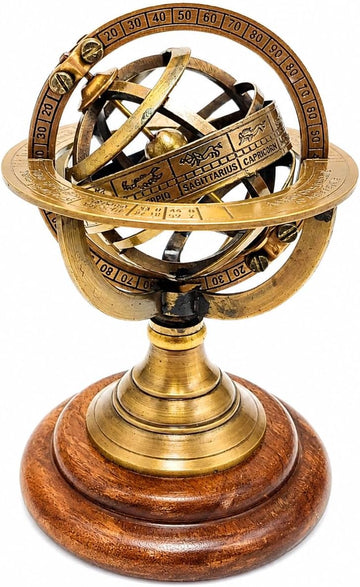 5.5" Brass Armillary Sphere World Globe Rosewood Base Table Decor Gift