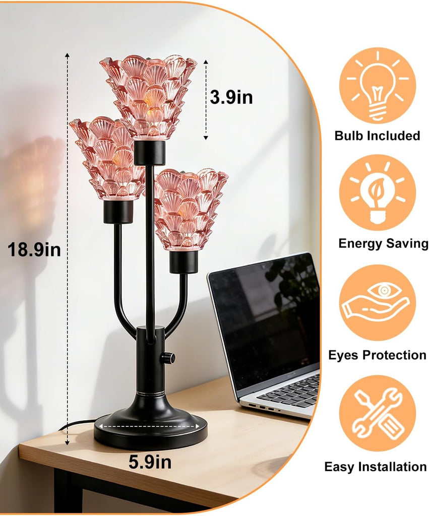 Glass Table Lamp Dimmable Mid Century Modern Black Desk Lamp with Red Glass Shades 3 Bulbs Included 3000K Warmwhite