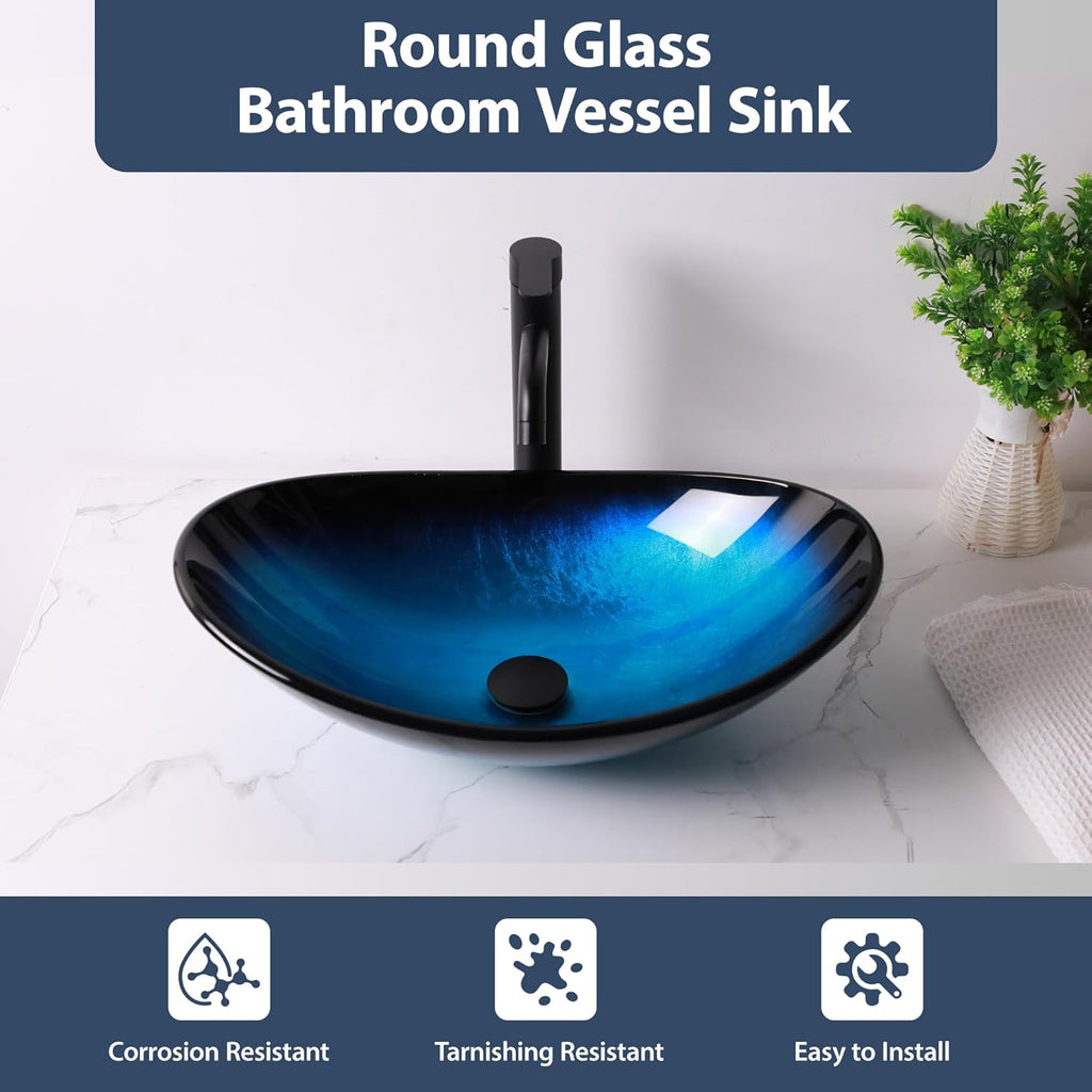 21" Glass Bathroom Vessel Sink with Pop up Drain Set,Countertop Oval Bowl Tempered Glass Art Basin,Shallow