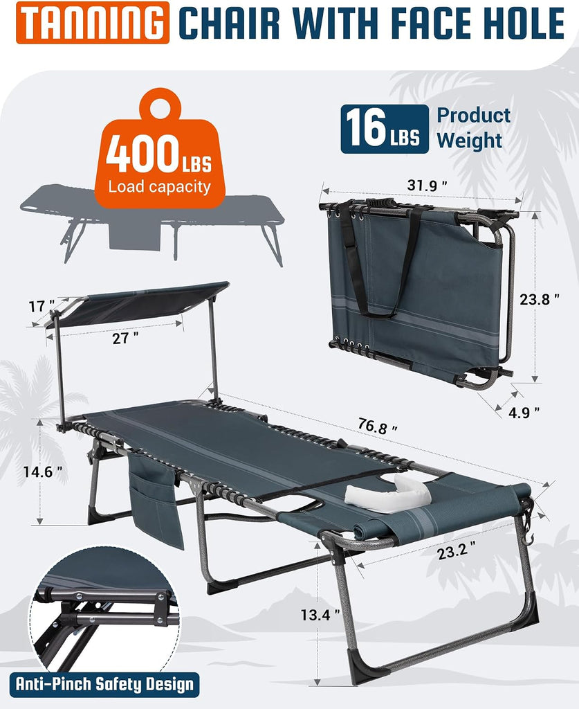 400LBS Lounge Chair with Face Hole & Canopy Shade, Blue/Grey | Folding Portable Tanning Chair with Pinch-Proof Safety