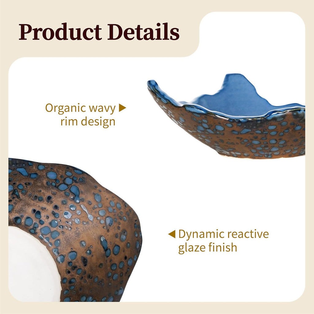 8.6 Inch Ceramic Decorative Bowl with Irregular Wavy Rim and Dynamic Reactive Glaze (Blue)