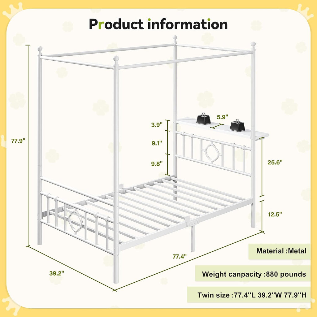Twin Canopy Bed Frame with Storage Headboard,Noise-Free,White | 4 removable posts for dual-purpose style,Sturdy metal