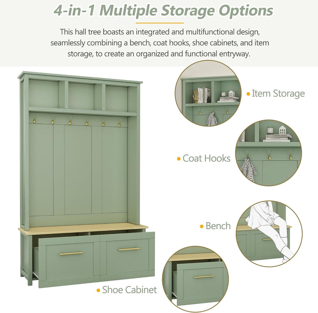 Versatile 4-in-1 Hall Tree with 6 Golden Hooks, Wood Grain Bench with Multiple Storage Space, Entryway Coat Rack with