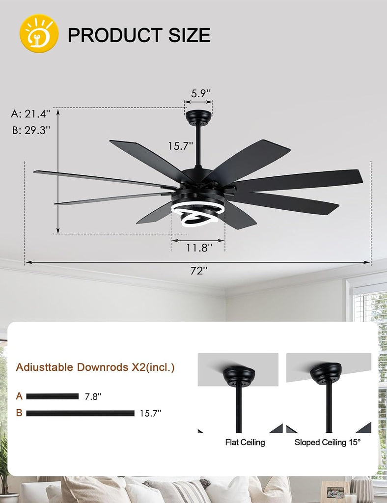 Black 72 Inch Ceiling Fans with Lights and Remote Reversible Quiet DC Motor 6 Speed LED Big Large Modern Chandelier