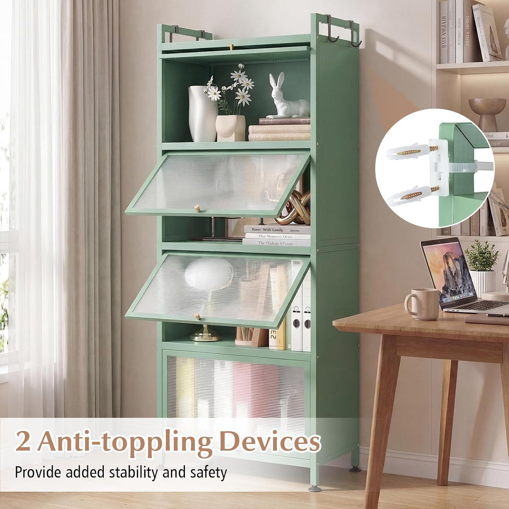 5-Tier Kitchen Storage Cabinet, 4 PC Doors, Rolling Wheels, Green | Mobile Metal Pantry Cabinet with 4 Hooks &