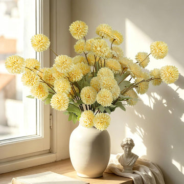 Artificial Mums Faux Stem Kiku Yellow Flowers for Vase 20" | 12 Bundles Fake Chrysanthemums for Fall Decor, Lifelike