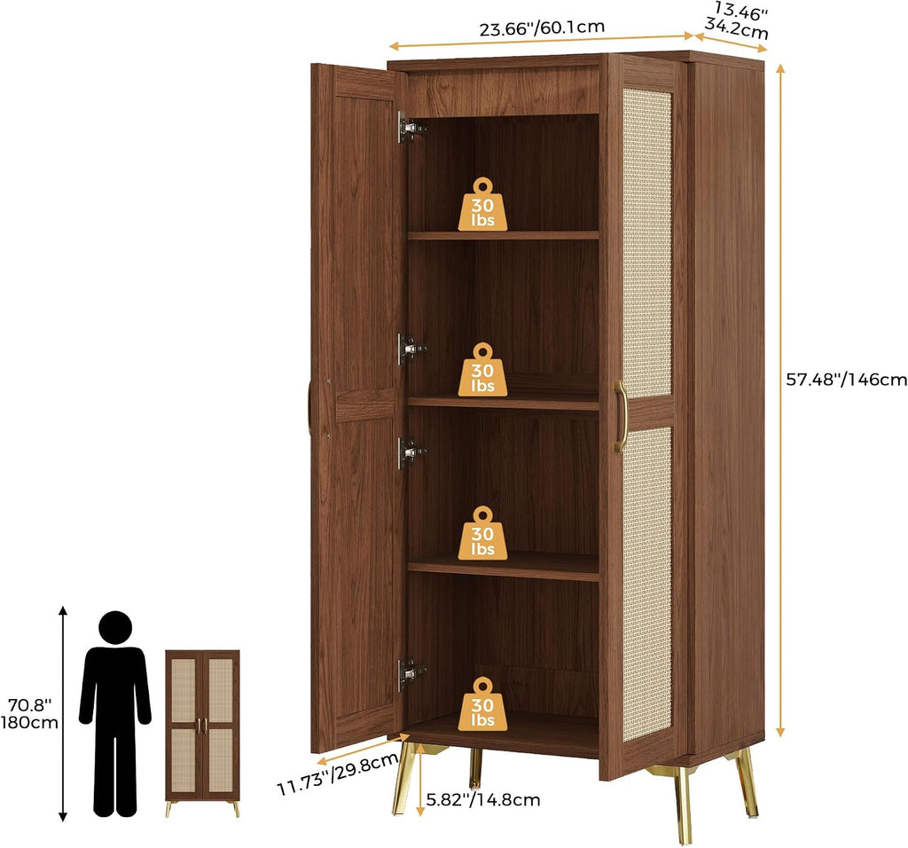 Tall Bathroom Storage Cabinet 57" Rattan Pantry Cabinet, Walnut | With Doors and Adjustable Shelves, Freestanding