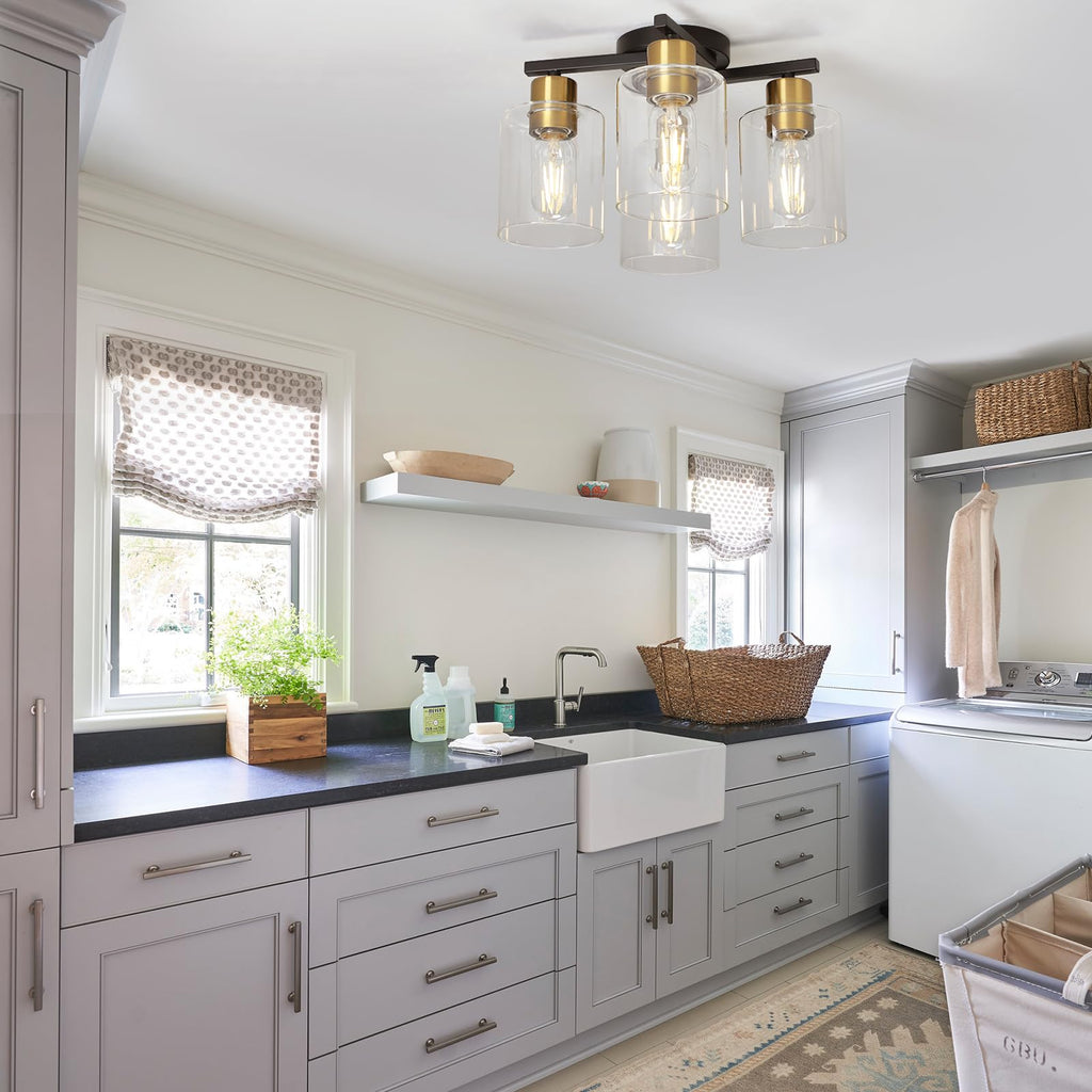 4-Light Semi Flush Mount Ceiling Light, Black and Gold Kitchen Lighting Fixtures Ceiling, Farmhouse Ceiling Light