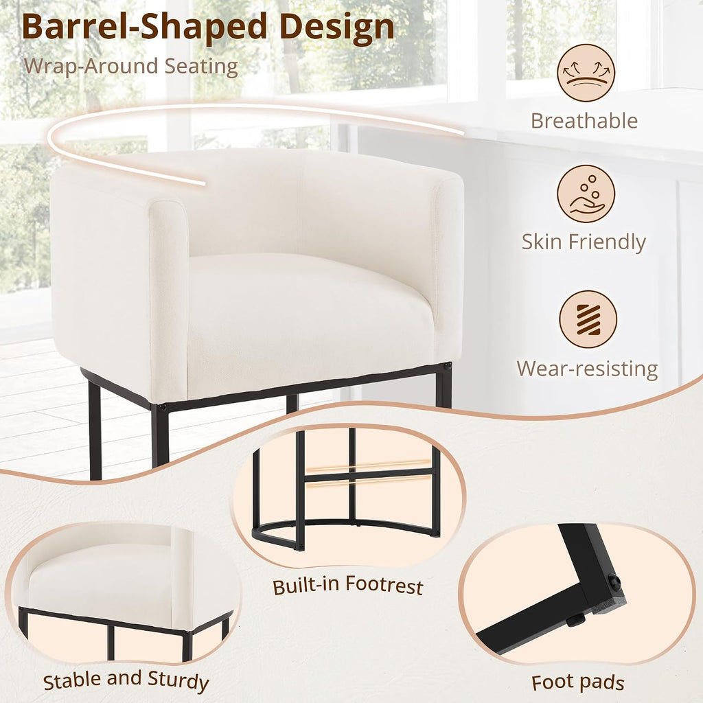 Counter Height Bar Stools Set of 3, Modern Barrel Counter Stools with Backrest and Arms, Black Metal Frames, Linen