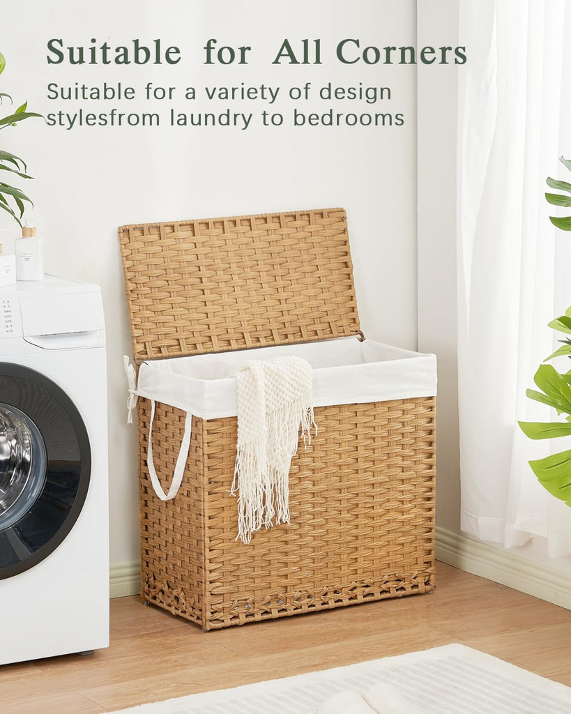 Laundry Hamper with Lid Laundry Basket 132 L PE Rattan Natural | Decorative PE Rattan Furniture Look , Large Sorting