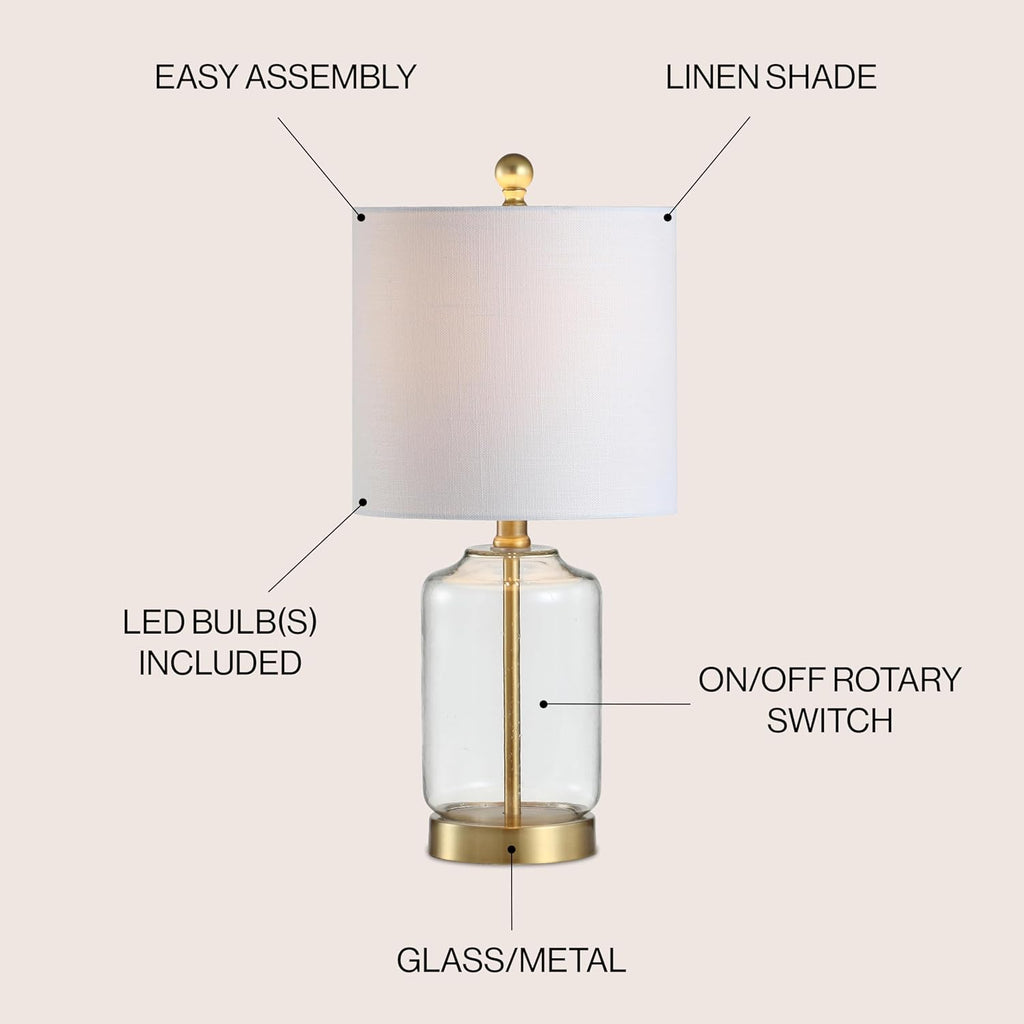 19.5" Brass Gold and Clear Glass Table Lamp, Glam Transitional Bedside Lamp Nightstand, White Linen Drum Shade