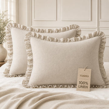 100% Linen Ruffle Pillow Case, Standard Size Set of 2 Pillow Shams