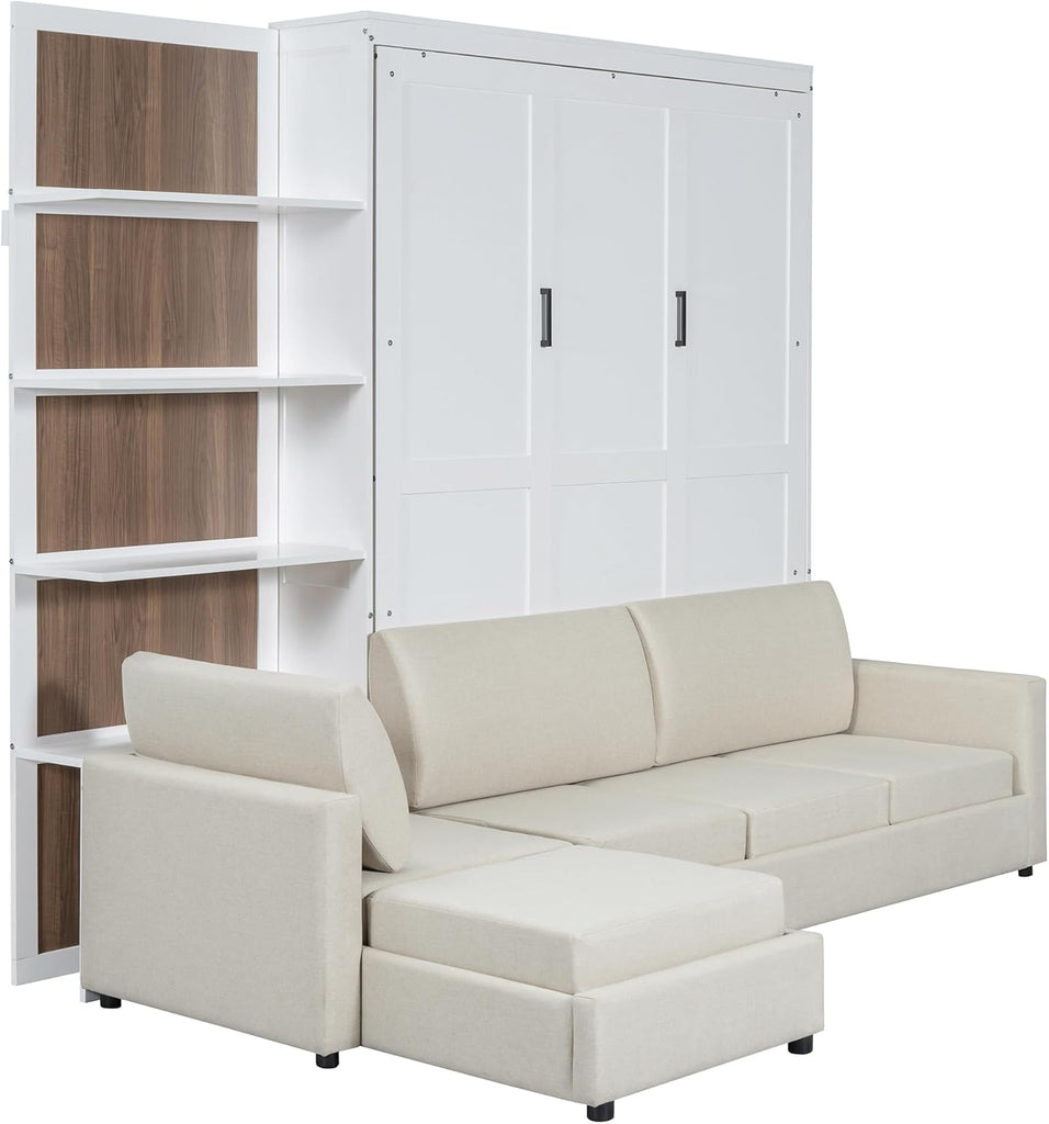 Queen Murphy Bed, Wood Queen Wall Bed with Sofa and Shelves, White