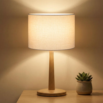16.3" Natural Wood Table Lamp with Linen Drum Shade, E26 Base, Beige