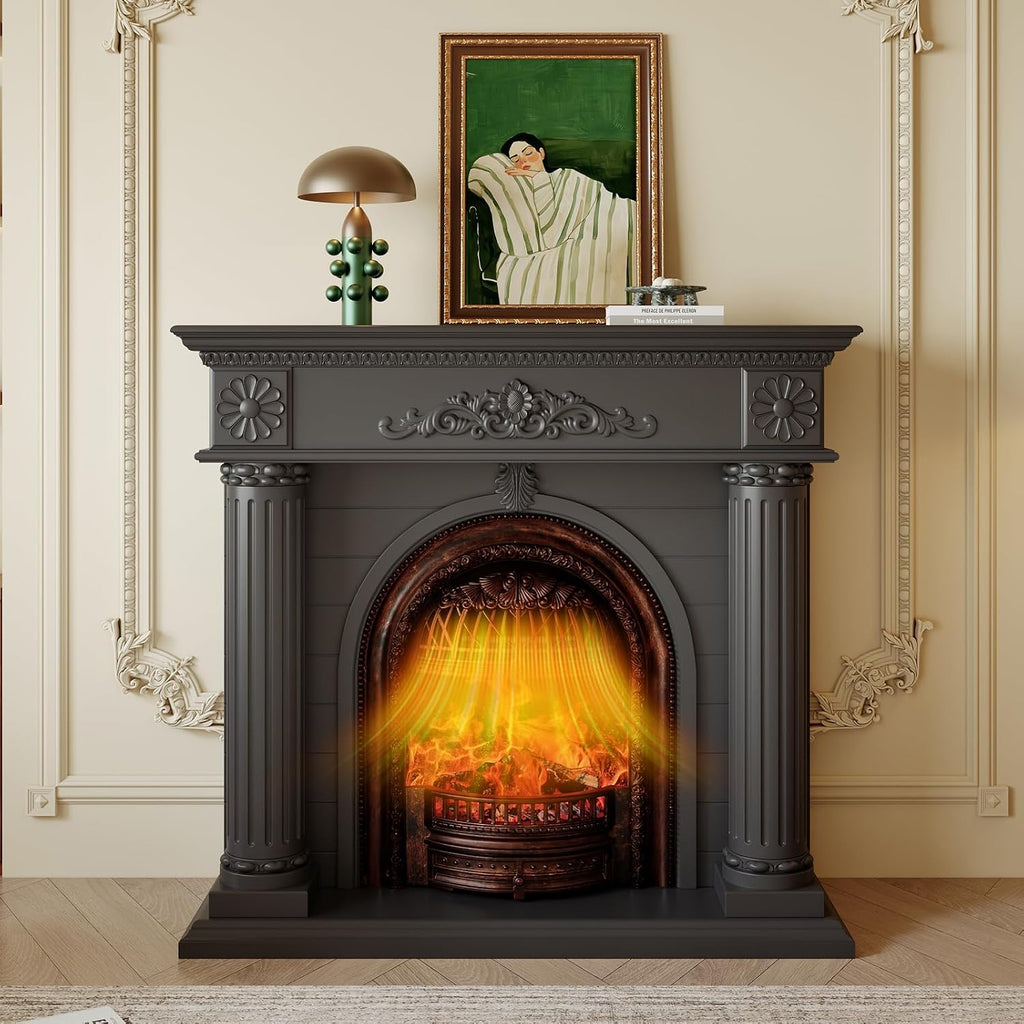 Solid Wood Electric Fireplace TV Stand, 52" Electric Fireplace with Mantel, Roman Column Entertainment Center with Bronze Arched Birdcage Insert, Electric Fireplace Heater for Living Room, Black