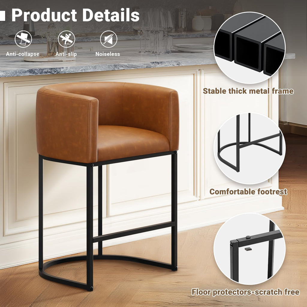 26" H Counter Height Bar Stools Set of 3, Modern Barrel Counter Stools with Backrest and Arms, Faux Leather