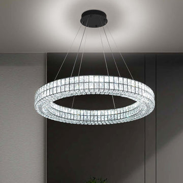 Modern Black LED Ring Chandelier Dimmable Crystal Chandeliers for Dining Room Foyer Living Room Entryway Staircase(2700K-6000k, D40 inch)