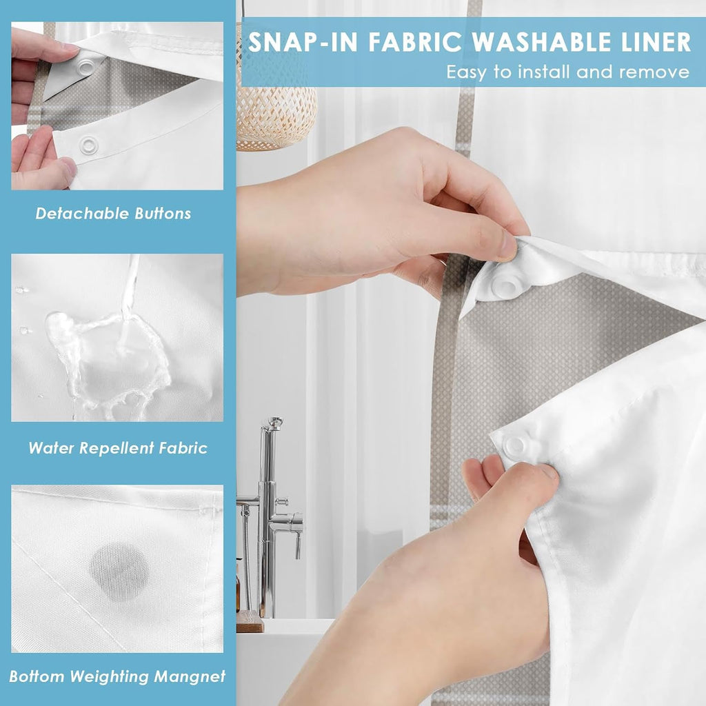 No Hook Shower Curtain with Snap in Fabric Liner Set, Striped Beige Waffle Weave Ombre Heavy Duty Bathroom Curtain