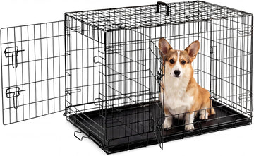 Large Dog Crate, 36 Inch Double Door Folding Metal Wire Dog Cage with Plastic Leak-Proof Pan Tray
